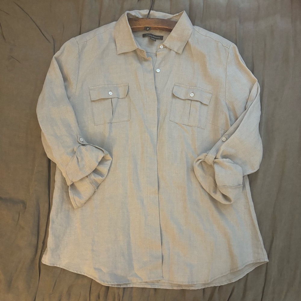 Tommy Bahamas Two Palms 100% Linen Shirt in Khaki size Large